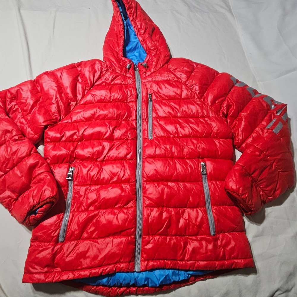 Guess Puffer Jacket Mens Large Red Quilted Hooded Full Zip Coat 111AN210 Winter